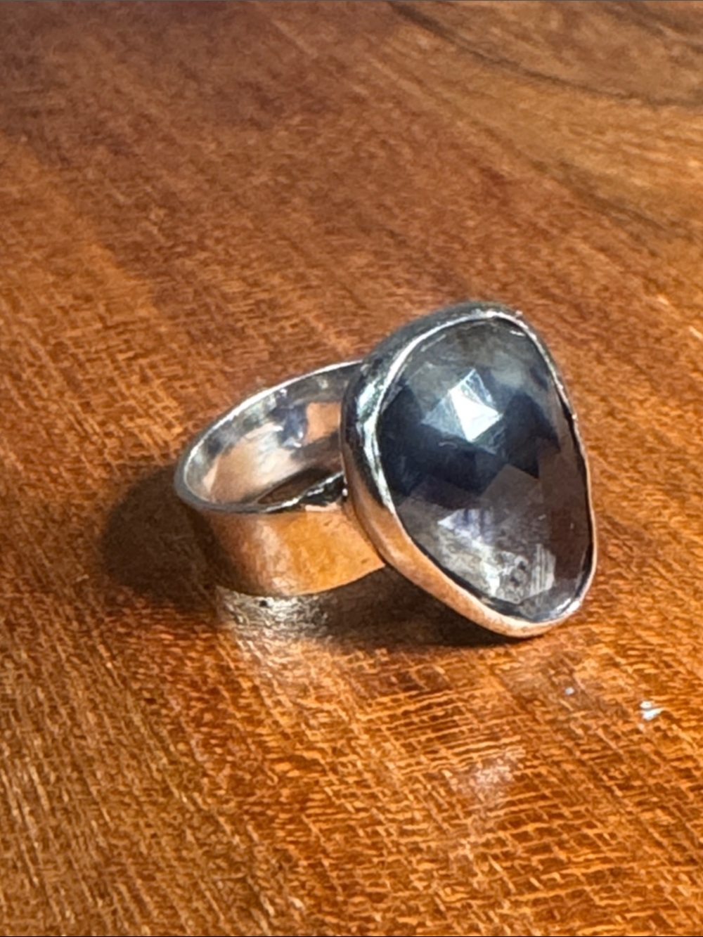 Sterling Silver Ring with Faceted black Teardrop Stone
